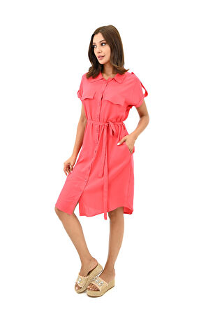 Kadın Gömlek Yaka Kuşak Detaylı Elbise 5240-25