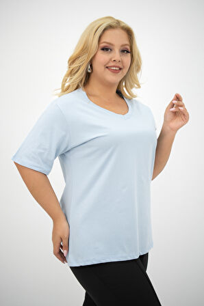 Kadın V Yaka Basic Büyük Beden T-Shirt 1297-22