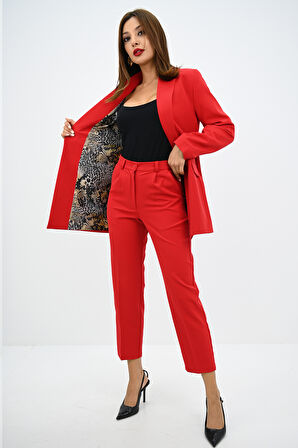 Kadın Leopar Astar Detaylı Ceket Takım 0115-25