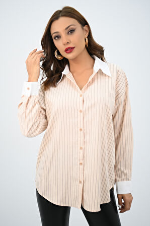 Kadın Rahat Kalıp Mavi Çizgili Manşetli Gömlek 1804-25