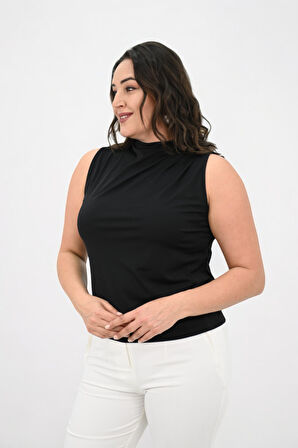 Kadın Büyük Beden Drape Detaylı Dik Yaka Bluz 1851-25