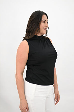 Kadın Büyük Beden Drape Detaylı Dik Yaka Bluz 1851-25
