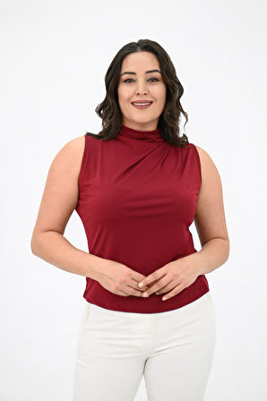 Kadın Büyük Beden Drape Detaylı Dik Yaka Bluz 1851-25