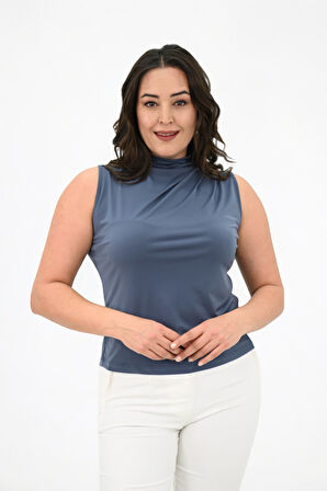 Kadın Büyük Beden Drape Detaylı Dik Yaka Bluz 1851-25