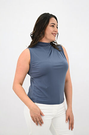 Kadın Büyük Beden Drape Detaylı Dik Yaka Bluz 1851-25