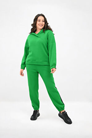 Kadın Büyük Beden Yan Şerit Detaylı Kapüşonlu Eşofman Takımı 8151-25