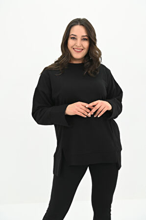 Kadın Büyük Beden Oversize Yırtmaç Detaylı Sweatshirt 1865-25