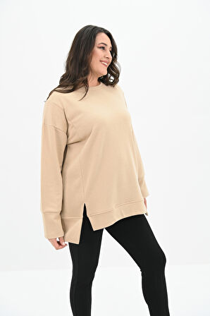 Kadın Büyük Beden Oversize Yırtmaç Detaylı Sweatshirt 1865-25