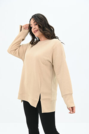 Kadın Büyük Beden Oversize Yırtmaç Detaylı Sweatshirt 1865-25