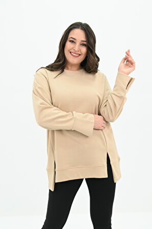 Kadın Büyük Beden Oversize Yırtmaç Detaylı Sweatshirt 1865-25