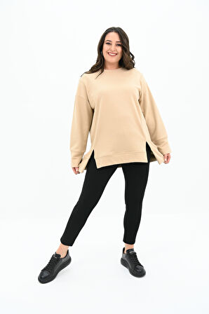 Kadın Büyük Beden Oversize Yırtmaç Detaylı Sweatshirt 1865-25