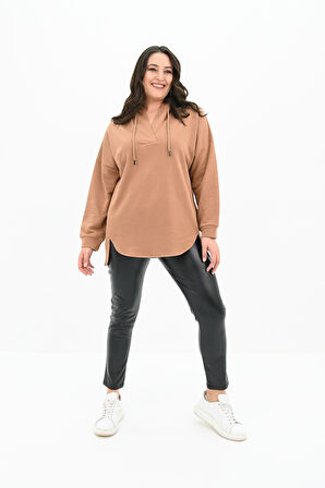 Kadın Büyük Beden Kapüşonlu Oversize Sweatshirt 1895-25