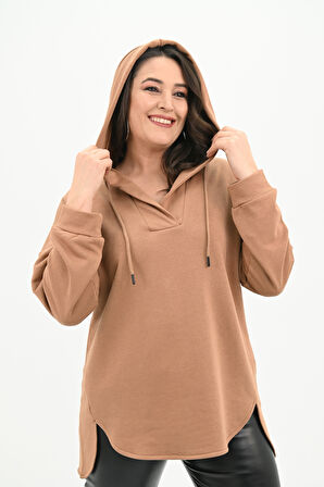 Kadın Büyük Beden Kapüşonlu Oversize Sweatshirt 1895-25