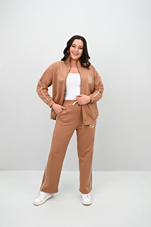 Kadın Büyük Beden Fermuarlı İki İplik İşleme Detaylı Eşofman Takımı 8152-25-1