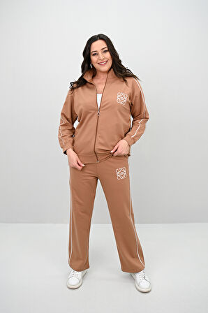 Kadın Büyük Beden Fermuarlı İki İplik İşleme Detaylı Eşofman Takımı 8152-25-1