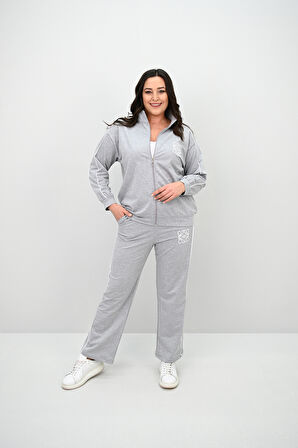 Kadın Büyük Beden Fermuarlı İki İplik İşleme Detaylı Eşofman Takımı 8152-25-1