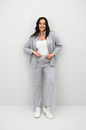 Kadın Büyük Beden Fermuarlı İki İplik İşleme Detaylı Eşofman Takımı 8152-25-1