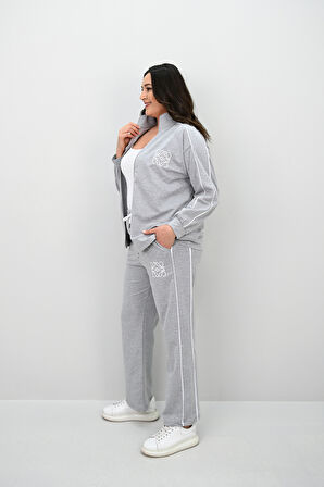 Kadın Büyük Beden Fermuarlı İki İplik İşleme Detaylı Eşofman Takımı 8152-25-1