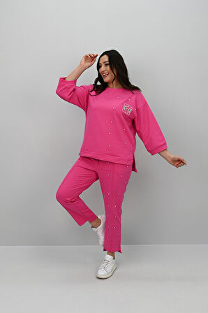 Kadın Büyük Beden Truvakar Kol Taş İşleme Detaylı Eşofman Takımı 8147-25