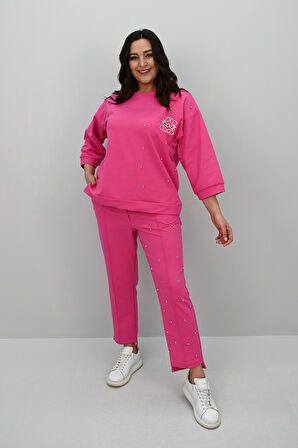 Kadın Büyük Beden Truvakar Kol Taş İşleme Detaylı Eşofman Takımı 8147-25