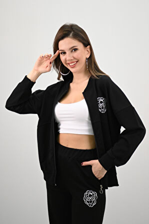 Kadın Bol Paça Fermuarlı Gül Detaylı Eşofman Takımı 4144-25-1