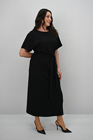 Kadın Büyük Beden Kısa Kollu Kuşaklı Elbise 5297-25