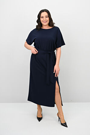 Kadın Büyük Beden Kısa Kollu Kuşaklı Elbise 5297-25