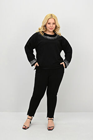 Kadın Büyük Beden Taş Baskı Detaylı Yüksek Bel Eşofman Takımı 8175-25