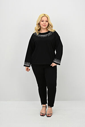 Kadın Büyük Beden Taş Baskı Detaylı Yüksek Bel Eşofman Takımı 8175-25