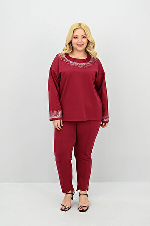 Kadın Büyük Beden Taş Baskı Detaylı Yüksek Bel Eşofman Takımı 8175-25