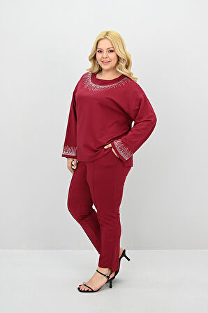 Kadın Büyük Beden Taş Baskı Detaylı Yüksek Bel Eşofman Takımı 8175-25