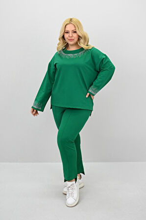 Kadın Büyük Beden Taş Baskı Detaylı Yüksek Bel Eşofman Takımı 8175-25