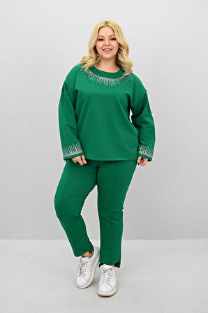 Kadın Büyük Beden Taş Baskı Detaylı Yüksek Bel Eşofman Takımı 8175-25