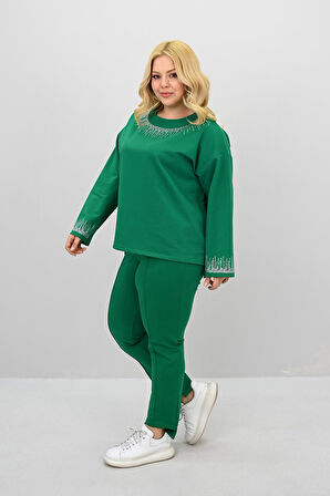 Kadın Büyük Beden Taş Baskı Detaylı Yüksek Bel Eşofman Takımı 8175-25