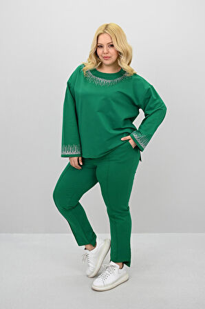 Kadın Büyük Beden Taş Baskı Detaylı Yüksek Bel Eşofman Takımı 8175-25