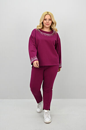 Kadın Büyük Beden Taş Baskı Detaylı Yüksek Bel Eşofman Takımı 8175-25