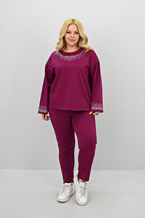 Kadın Büyük Beden Taş Baskı Detaylı Yüksek Bel Eşofman Takımı 8175-25