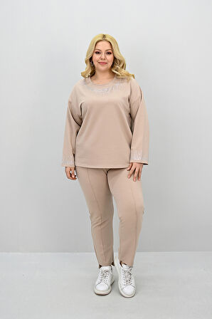 Kadın Büyük Beden Taş Baskı Detaylı Yüksek Bel Eşofman Takımı 8175-25