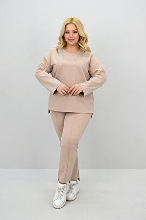 Kadın Büyük Beden Taş Baskı Detaylı Yüksek Bel Eşofman Takımı 8175-25