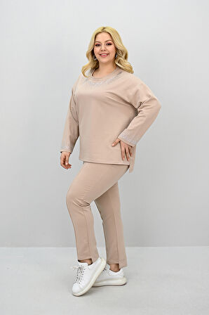 Kadın Büyük Beden Taş Baskı Detaylı Yüksek Bel Eşofman Takımı 8175-25