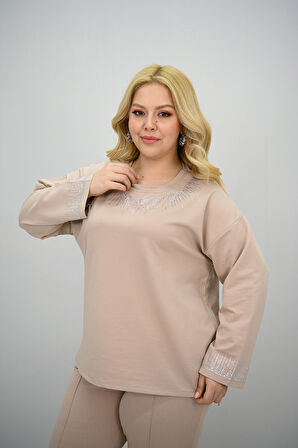 Kadın Büyük Beden Taş Baskı Detaylı Yüksek Bel Eşofman Takımı 8175-25