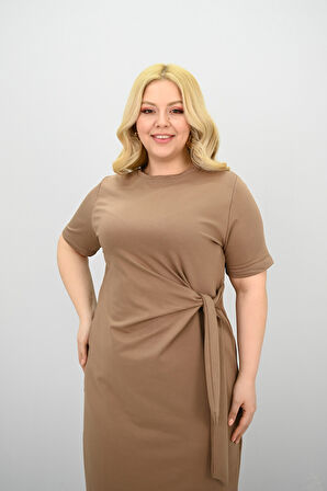 Kadın Büyük Beden Kısa Kollu Bel Bağlama Detaylı Elbise 5303-25