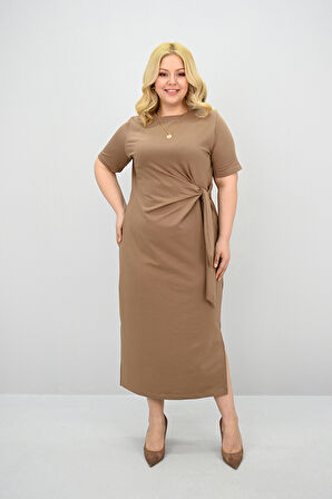 Kadın Büyük Beden Kısa Kollu Bel Bağlama Detaylı Elbise 5303-25