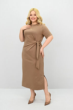 Kadın Büyük Beden Kısa Kollu Bel Bağlama Detaylı Elbise 5303-25
