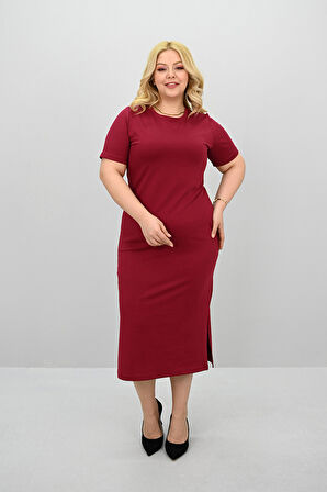 Kadın Büyük Beden Kısa Kollu Yırtmaç Detaylı Basic Elbise 5309-25