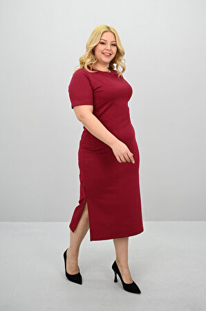 Kadın Büyük Beden Kısa Kollu Yırtmaç Detaylı Basic Elbise 5309-25