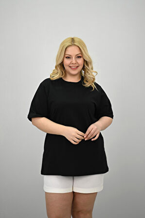 Kadın Büyük Beden Kısa Kollu Bisiklet Yaka Oversize T-shirt 1963-25
