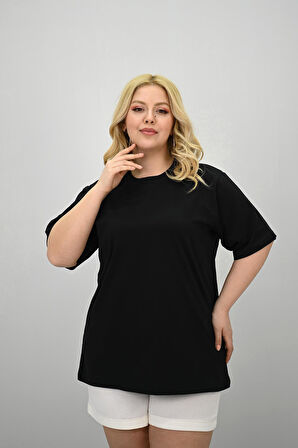 Kadın Büyük Beden Kısa Kollu Bisiklet Yaka Oversize T-shirt 1963-25