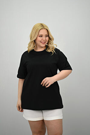 Kadın Büyük Beden Kısa Kollu Bisiklet Yaka Oversize T-shirt 1963-25