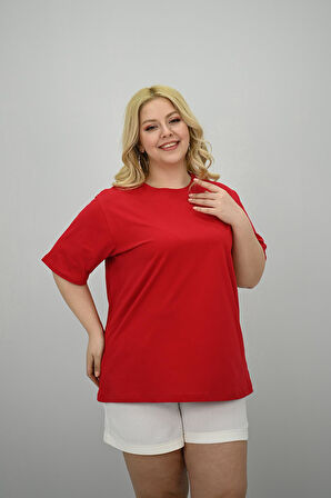 Kadın Büyük Beden Kısa Kollu Bisiklet Yaka Oversize T-shirt 1963-25